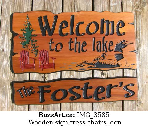Wooden sign tress chairs loon